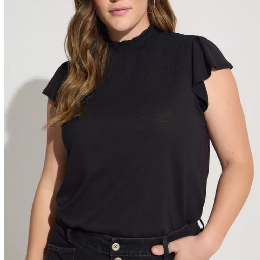 Torrid Smocked Top Black Long Ruffle Modal Size 4 / 4X Mock Neck Flowy